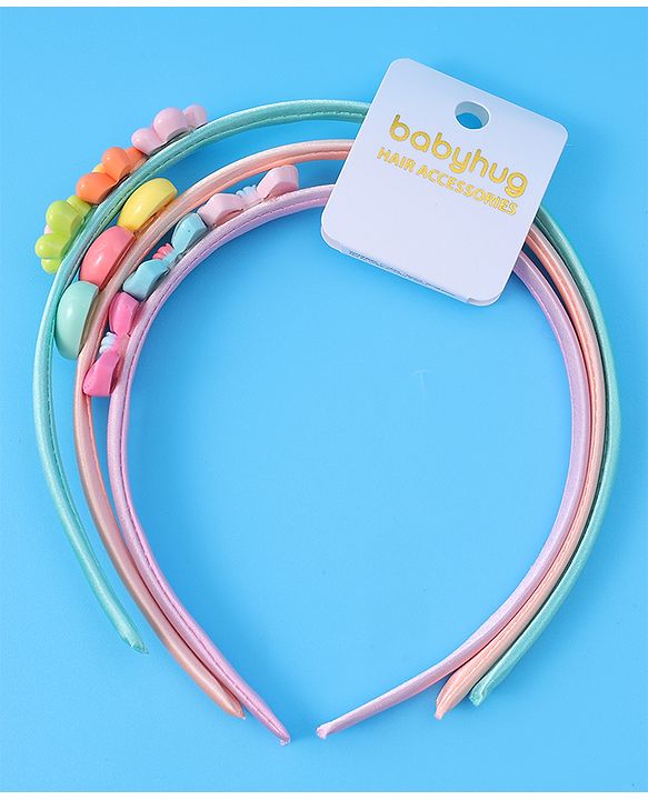 Babyhug Bow Flower & Heart Motifs Hair Bands Set of 3 - Peach Green and Pink