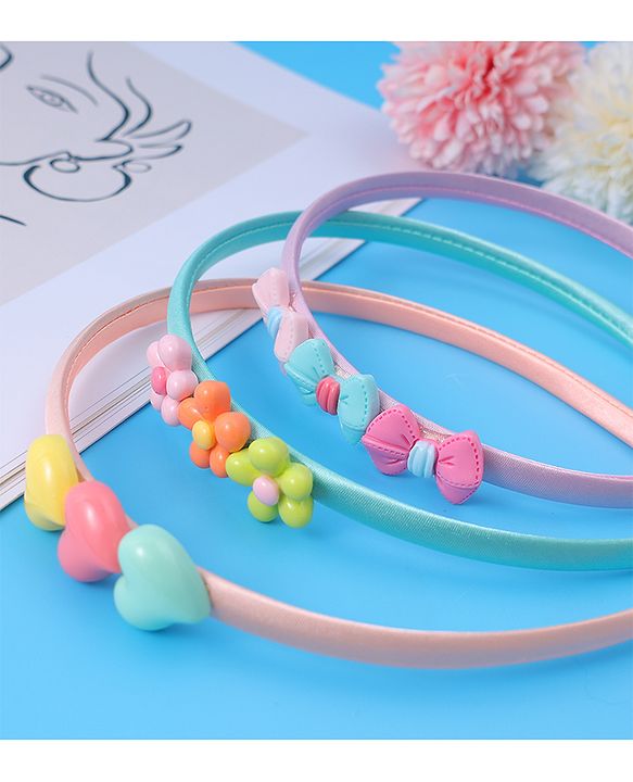 Babyhug Bow Flower & Heart Motifs Hair Bands Set of 3 - Peach Green and Pink