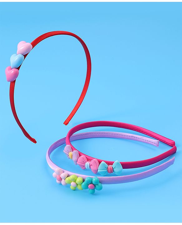 Babyhug Heart Flower & Bow Motifs Hair Bands Set of 3 - Fushia Purple & Pink
