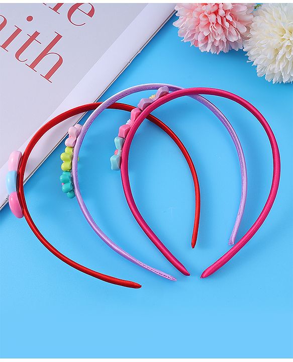 Babyhug Heart Flower & Bow Motifs Hair Bands Set of 3 - Fushia Purple & Pink