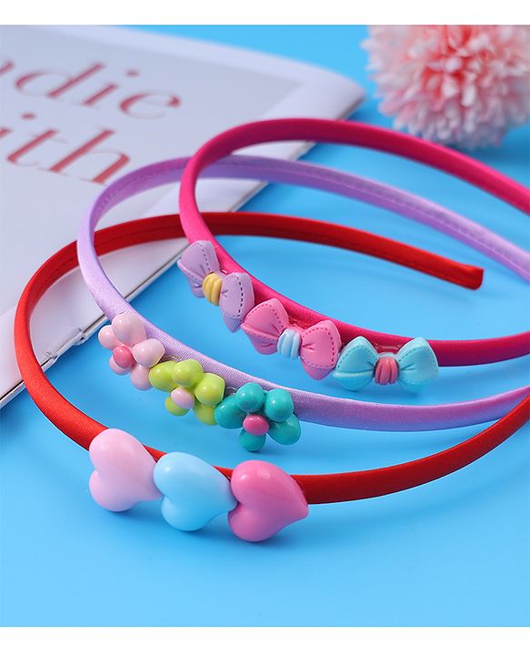 Babyhug Heart Flower & Bow Motifs Hair Bands Set of 3 - Fushia Purple & Pink