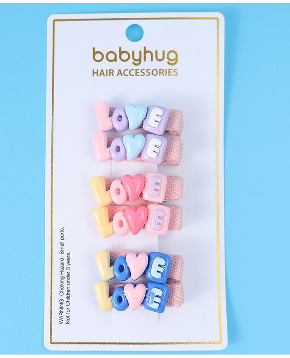 Babyhug Hair Pins And Clips with Love Applique Pack of 6 Free Size - Multicolor