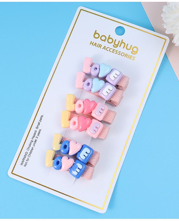 Babyhug Hair Pins And Clips with Love Applique Pack of 6 Free Size - Multicolor