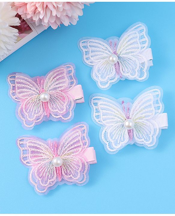 Pine Kids Bow & Butterfly Clips Pearl & Embroidered Detailing Pack of 4 - Multicolor