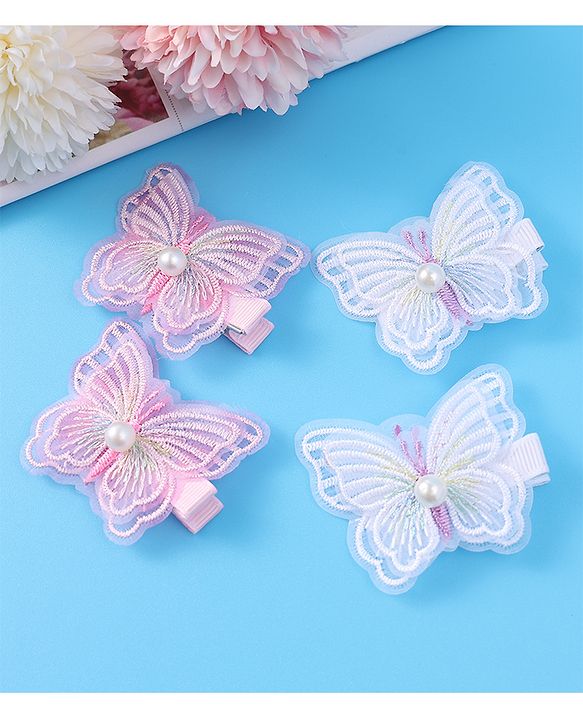 Pine Kids Bow & Butterfly Clips Pearl & Embroidered Detailing Pack of 4 - Multicolor