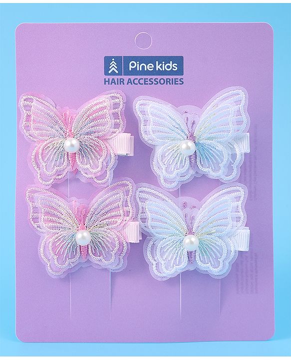 Pine Kids Bow & Butterfly Clips Pearl & Embroidered Detailing Pack of 4 - Multicolor
