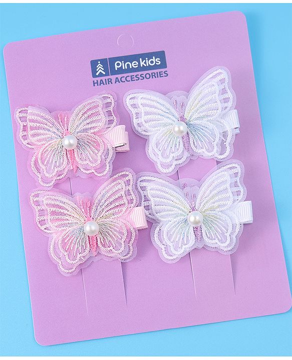 Pine Kids Bow & Butterfly Clips Pearl & Embroidered Detailing Pack of 4 - Multicolor