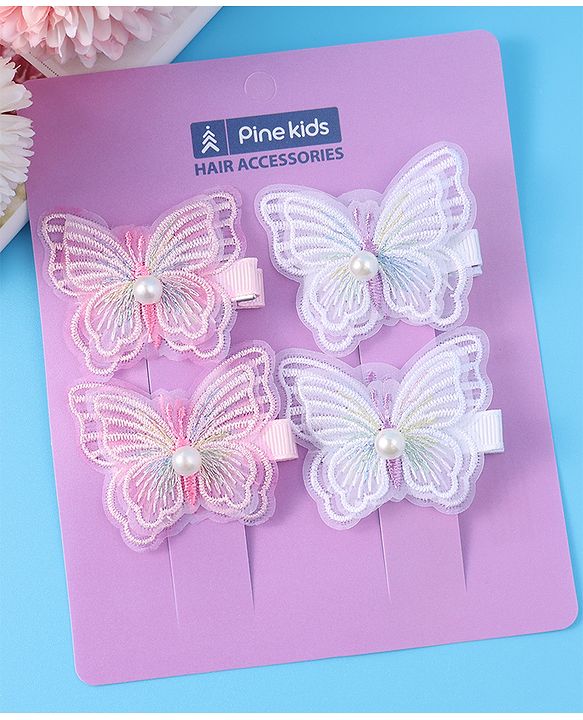 Pine Kids Bow & Butterfly Clips Pearl & Embroidered Detailing Pack of 4 - Multicolor