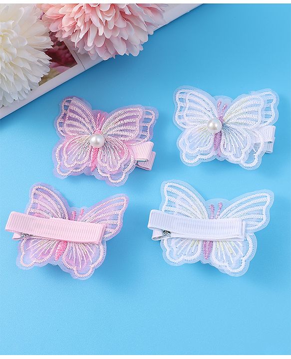 Pine Kids Bow & Butterfly Clips Pearl & Embroidered Detailing Pack of 4 - Multicolor