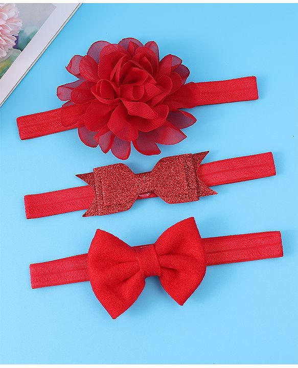 Babyhug Headbands With Bow & Floral Applique Pack Of 3 - Red