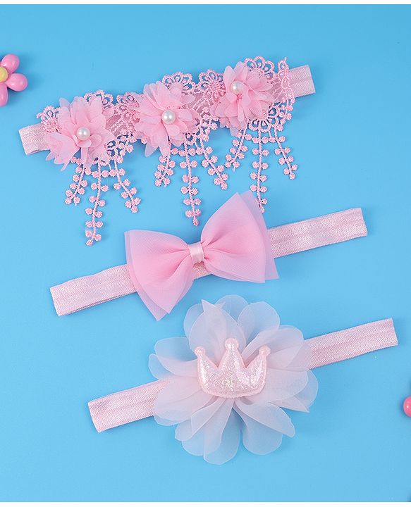 Babyhug Headbands With Bow & Floral Applique Pack Of 3 - Pink