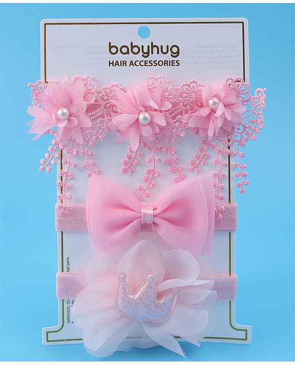 Babyhug Headbands With Bow & Floral Applique Pack Of 3 - Pink
