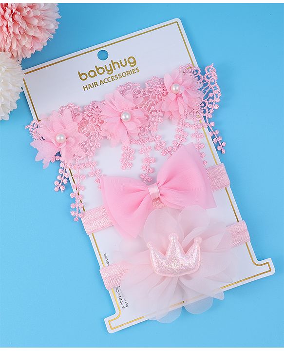 Babyhug Headbands With Bow & Floral Applique Pack Of 3 - Pink