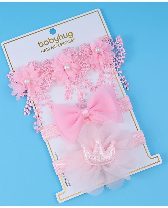 Babyhug Headbands With Bow & Floral Applique Pack Of 3 - Pink