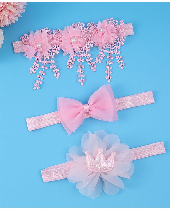 Babyhug Headbands With Bow & Floral Applique Pack Of 3 - Pink