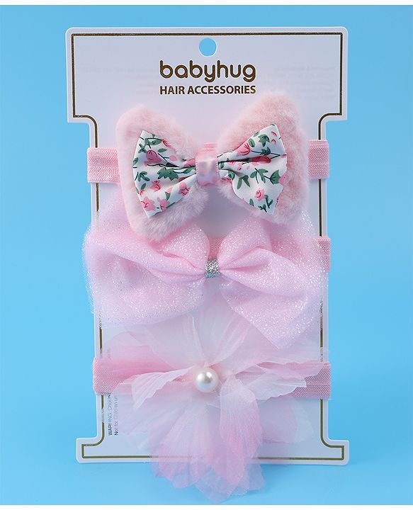 Babyhug Headbands With Bow & Floral Applique Pack Of 3 - Pink