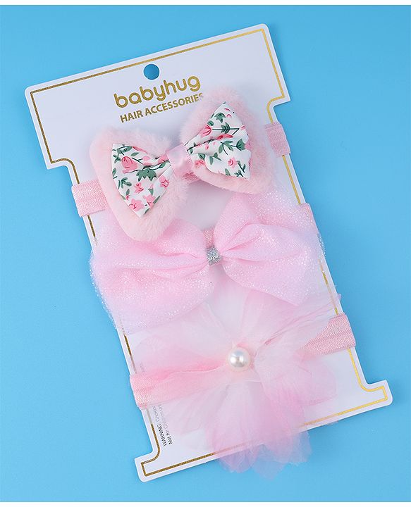 Babyhug Headbands With Bow & Floral Applique Pack Of 3 - Pink