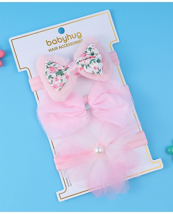 Babyhug Headbands With Bow & Floral Applique Pack Of 3 - Pink
