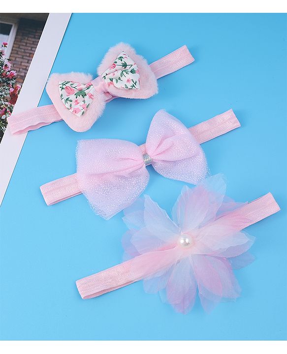 Babyhug Headbands With Bow & Floral Applique Pack Of 3 - Pink