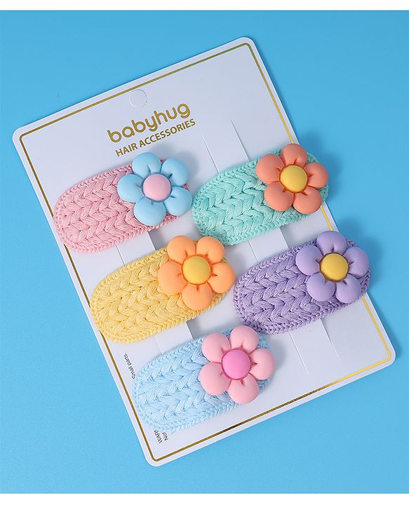 Babyhug Hair Pins And Snap Clips With Floral Applique Pack of 5 - Multicolour