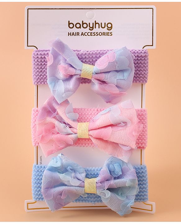 Babyhug Free Size Headbands With Bow Applique Pack of 3 - Pink Purple & Blue