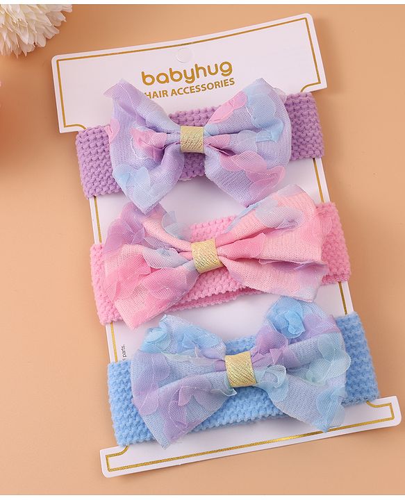 Babyhug Free Size Headbands With Bow Applique Pack of 3 - Pink Purple & Blue