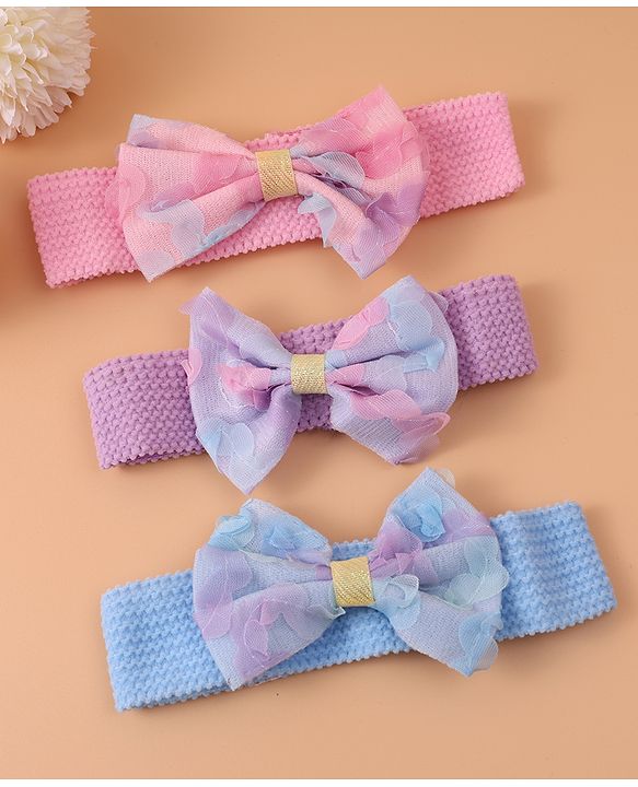 Babyhug Free Size Headbands With Bow Applique Pack of 3 - Pink Purple & Blue