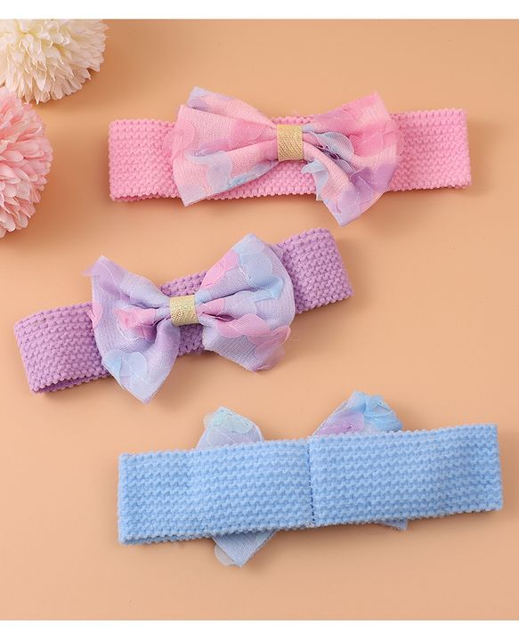 Babyhug Free Size Headbands With Bow Applique Pack of 3 - Pink Purple & Blue
