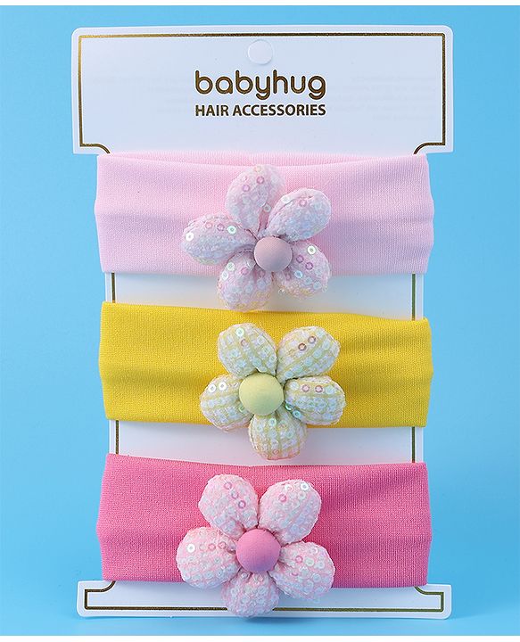 Babyhug Free Size Headbands With Floral Applique Pack of 3 - Pink & Yellow