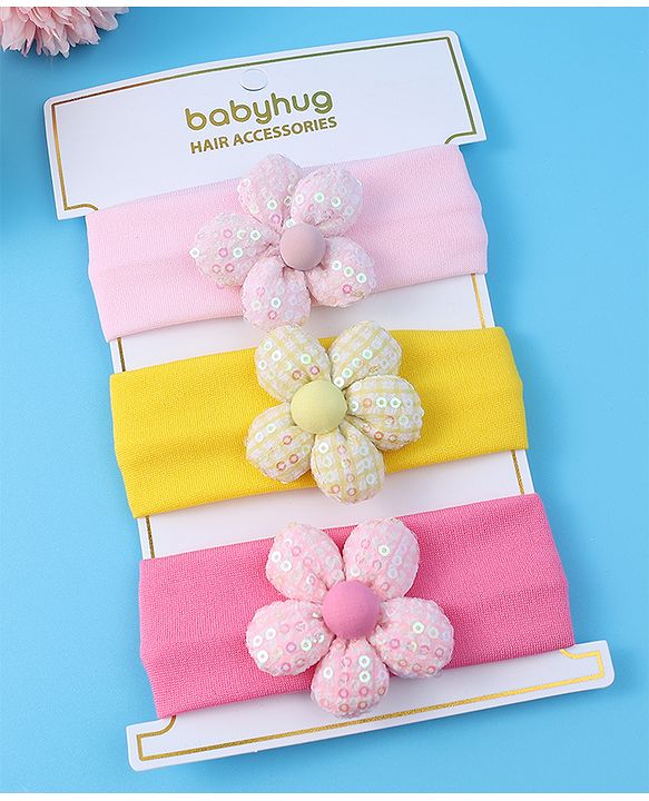 Babyhug Free Size Headbands With Floral Applique Pack of 3 - Pink & Yellow
