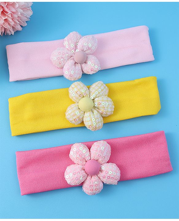 Babyhug Free Size Headbands With Floral Applique Pack of 3 - Pink & Yellow