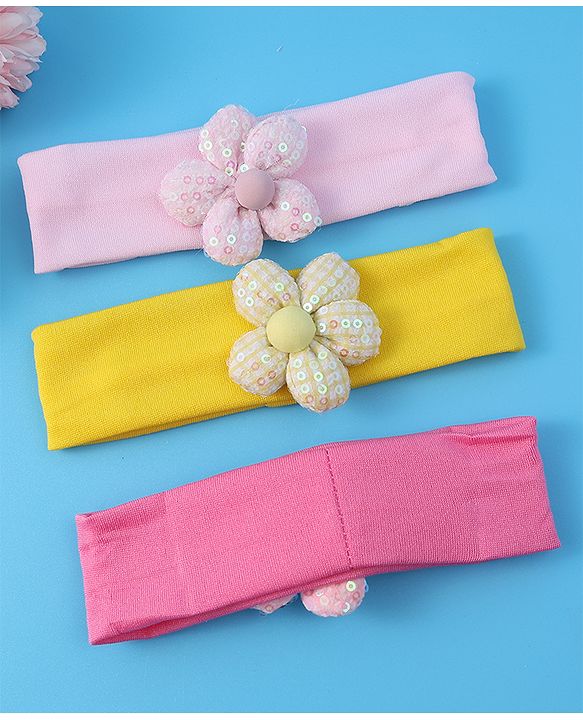 Babyhug Free Size Headbands With Floral Applique Pack of 3 - Pink & Yellow