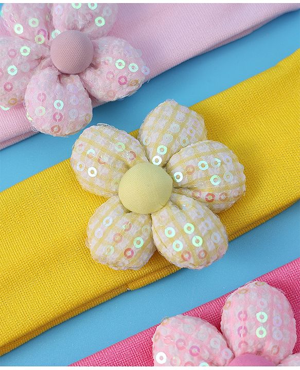 Babyhug Free Size Headbands With Floral Applique Pack of 3 - Pink & Yellow