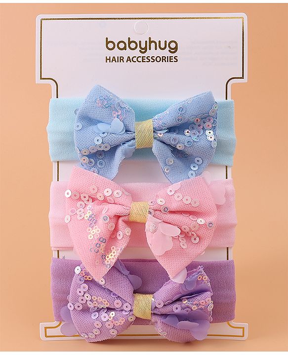 Pine Kids Free Size Headbands With Sequins Bow Applique Pack of 3 - Pink Blue & Purple