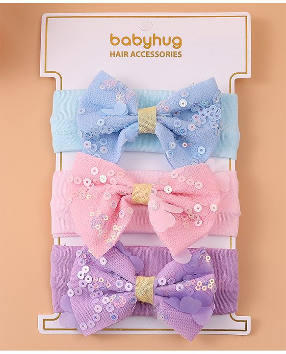 Pine Kids Free Size Headbands With Sequins Bow Applique Pack of 3 - Pink Blue & Purple