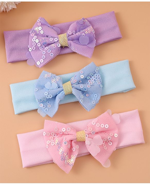 Pine Kids Free Size Headbands With Sequins Bow Applique Pack of 3 - Pink Blue & Purple