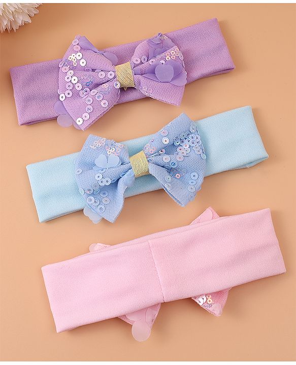 Pine Kids Free Size Headbands With Sequins Bow Applique Pack of 3 - Pink Blue & Purple