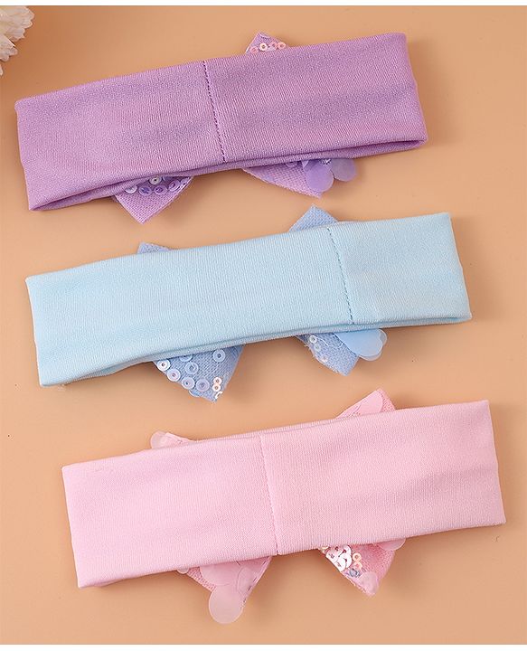 Pine Kids Free Size Headbands With Sequins Bow Applique Pack of 3 - Pink Blue & Purple