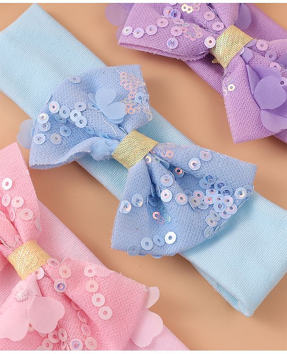 Pine Kids Free Size Headbands With Sequins Bow Applique Pack of 3 - Pink Blue & Purple