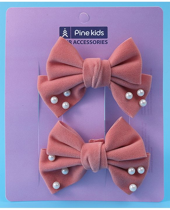 Pine Kids Free Size Hair Clips With Pearl Embellished Bow Applique Pack of 2 - Peach