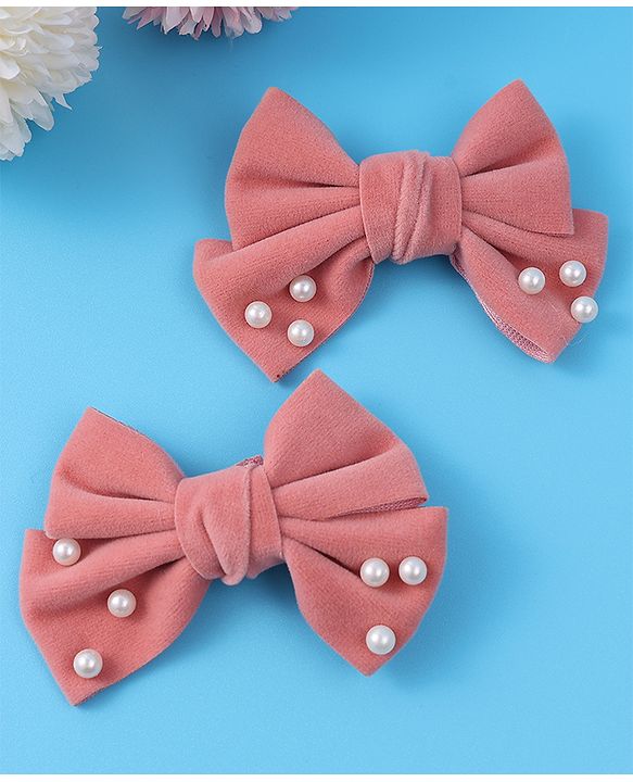 Pine Kids Free Size Hair Clips With Pearl Embellished Bow Applique Pack of 2 - Peach