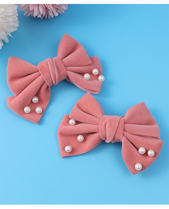 Pine Kids Free Size Hair Clips With Pearl Embellished Bow Applique Pack of 2 - Peach