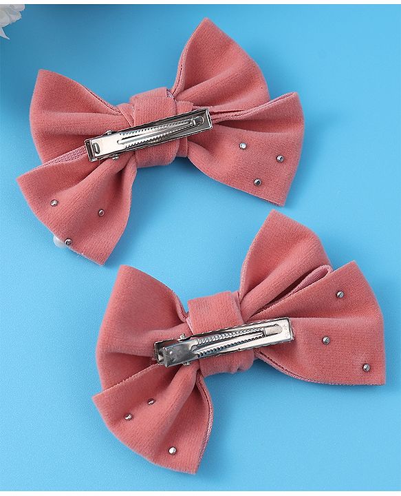 Pine Kids Free Size Hair Clips With Pearl Embellished Bow Applique Pack of 2 - Peach