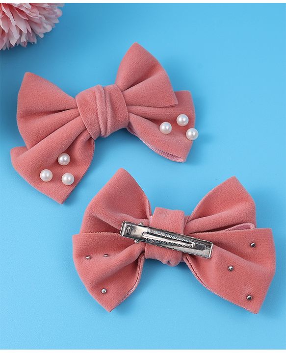 Pine Kids Free Size Hair Clips With Pearl Embellished Bow Applique Pack of 2 - Peach