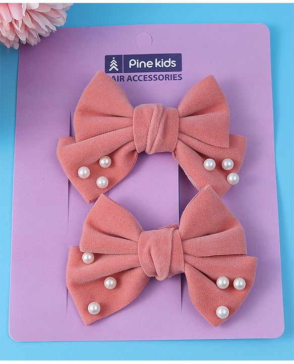 Pine Kids Free Size Hair Clips With Pearl Embellished Bow Applique Pack of 2 - Peach