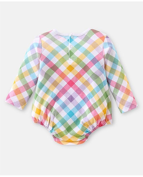 Babyhug 100% Cotton Interlock Knit Full Sleeves  Checked Onesies With Frill & Floral Print - Multicolour