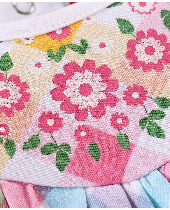 Babyhug 100% Cotton Interlock Knit Full Sleeves  Checked Onesies With Frill & Floral Print - Multicolour