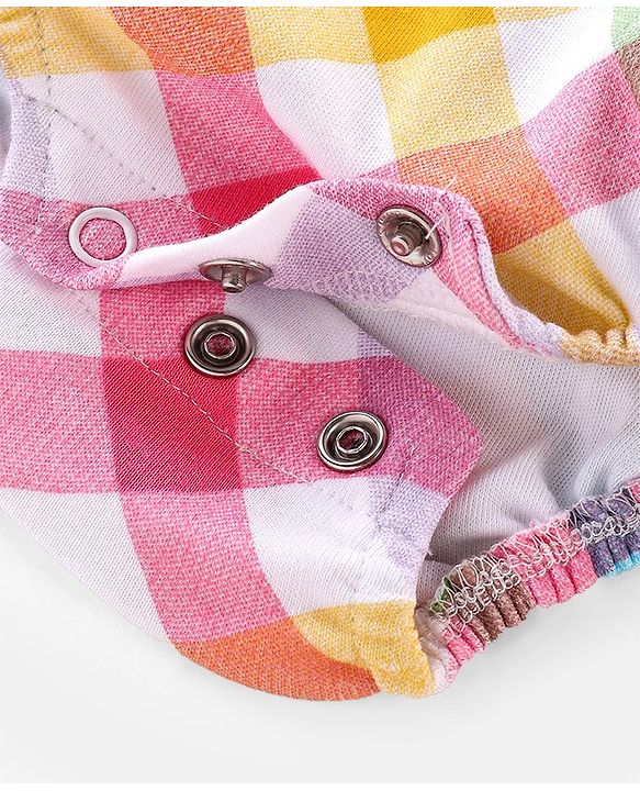 Babyhug 100% Cotton Interlock Knit Full Sleeves  Checked Onesies With Frill & Floral Print - Multicolour