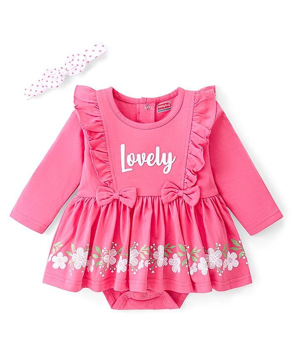 Babyhug 100 % Cotton Knit Full Sleeves Frock Style Onesie with Headband Bow Applique & Floral Print - Pink