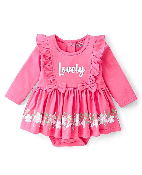 Babyhug 100 % Cotton Knit Full Sleeves Frock Style Onesie with Headband Bow Applique & Floral Print - Pink